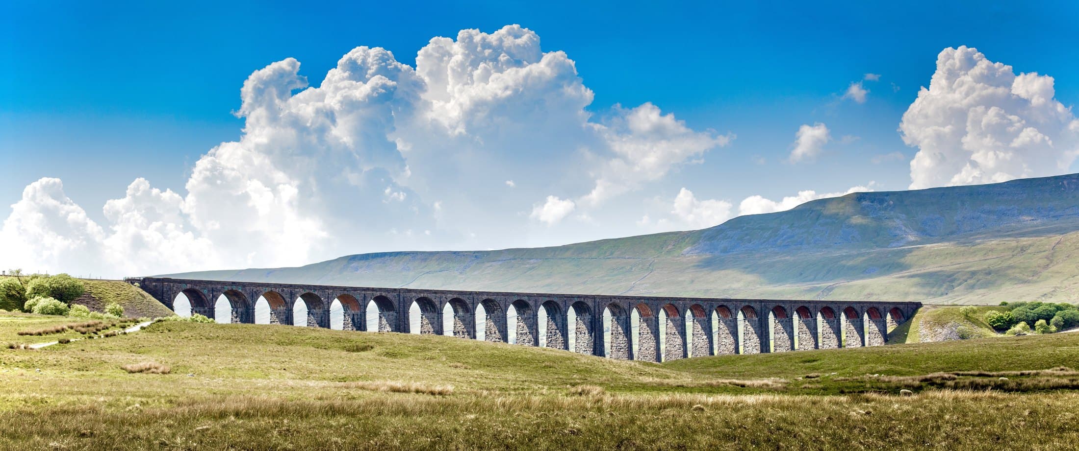 Ribblehead Viaduct stretching across the green Yorkshire Dales